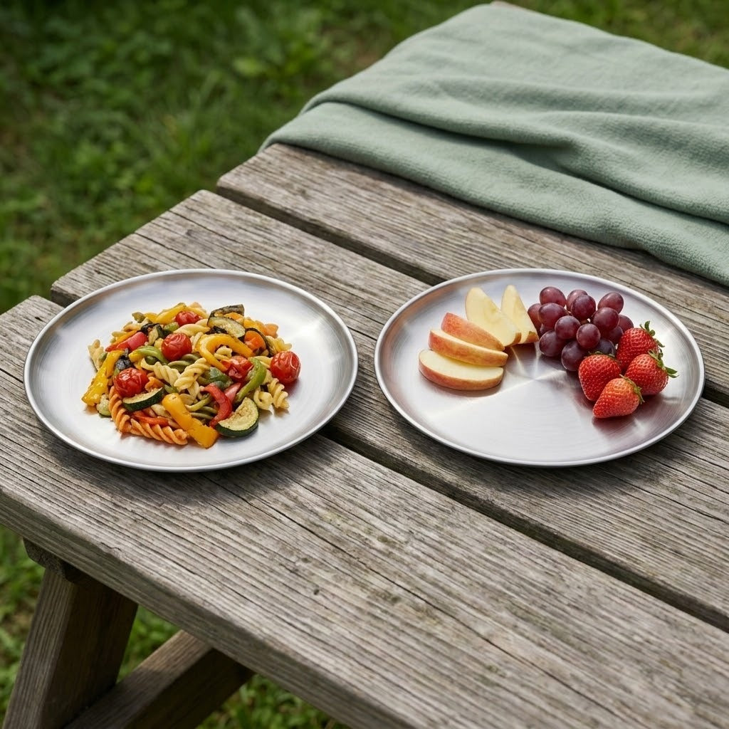 Two round white ceramic plates on a weathered wooden picnic table outdoors, with one plate holding a colorful pasta salad and the other holding fruit slices, grapes, and strawberries. A folded green cloth rests on the table, with grass visible in the background.