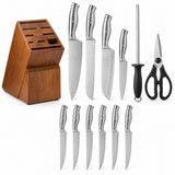 14-piece knife block set arranged on white with its block, knives, sharpener and scissors.