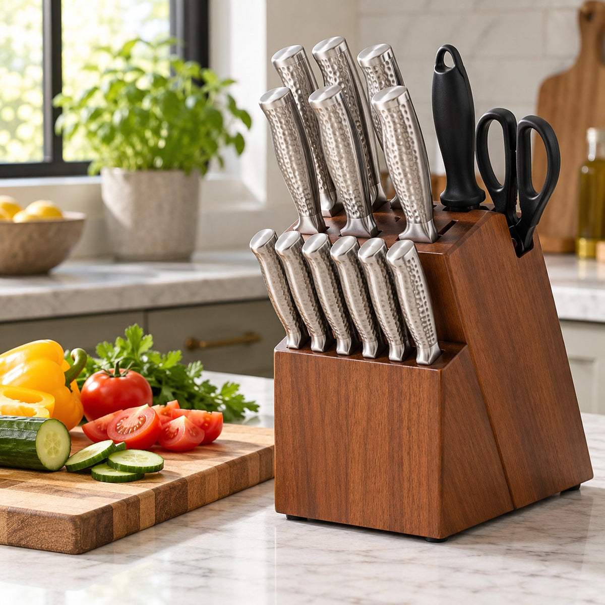 14-piece knife block set keeps kitchen cutting tools together beside a home meal prep board.