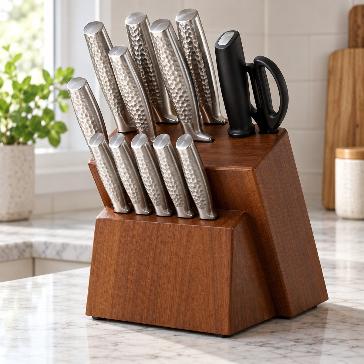 14-piece knife block set displays its hammered stainless steel handles and coordinated wooden storage block.
