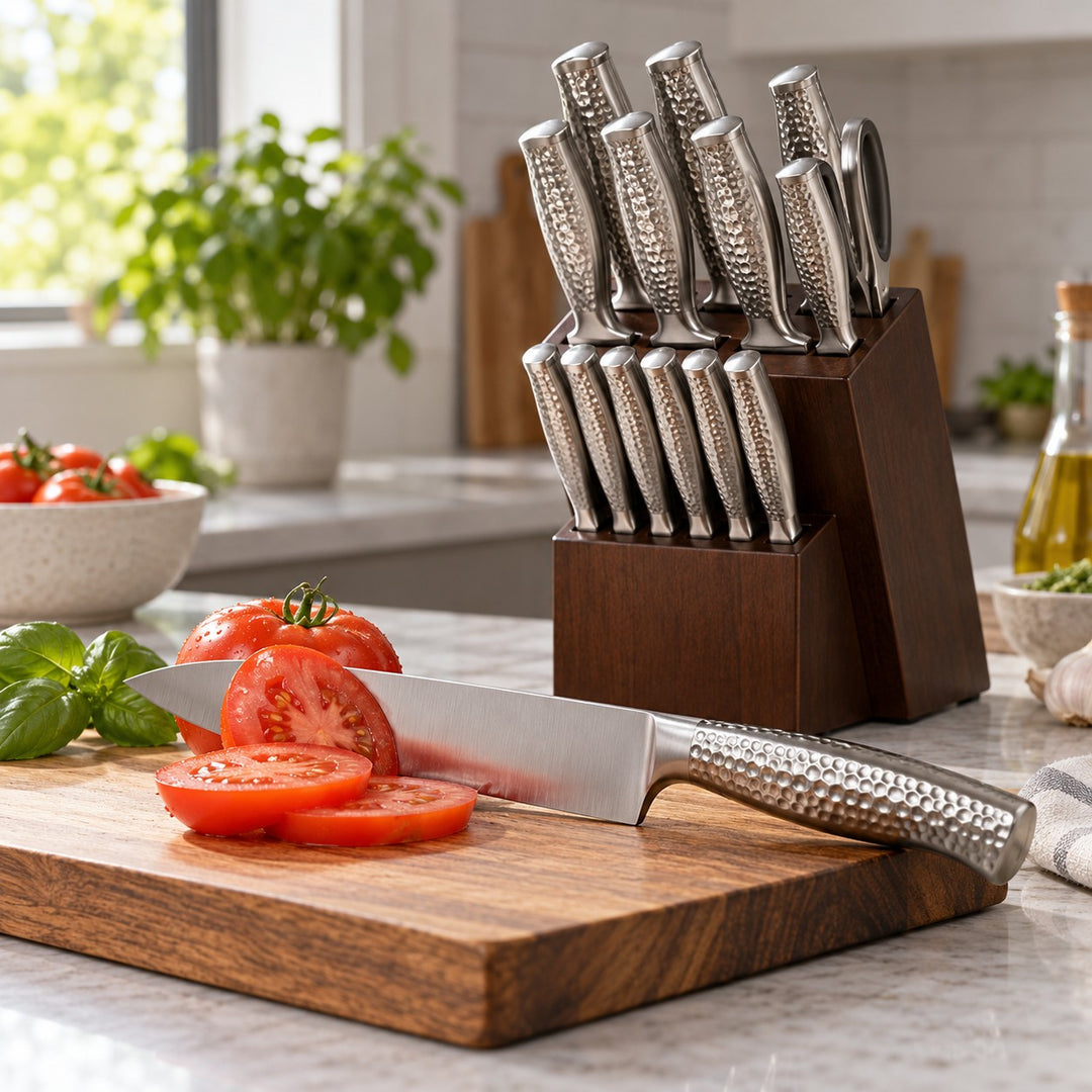 14-piece knife block set with a stainless steel knife slicing a tomato on a kitchen cutting board.