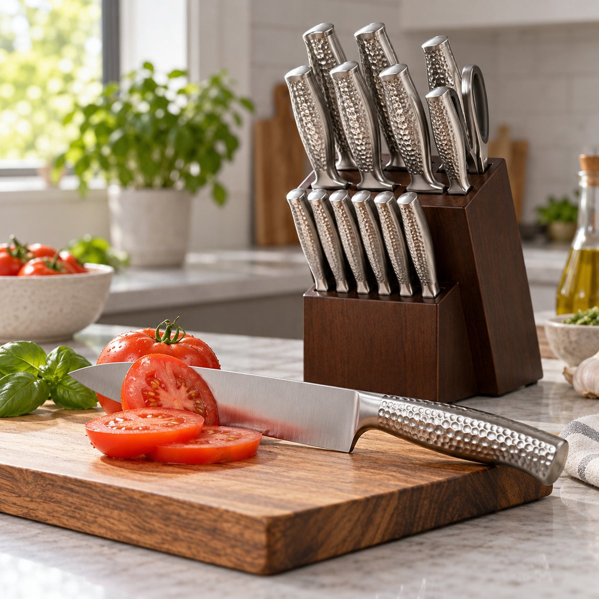 14-piece knife block set with a stainless steel knife slicing a tomato on a kitchen cutting board.