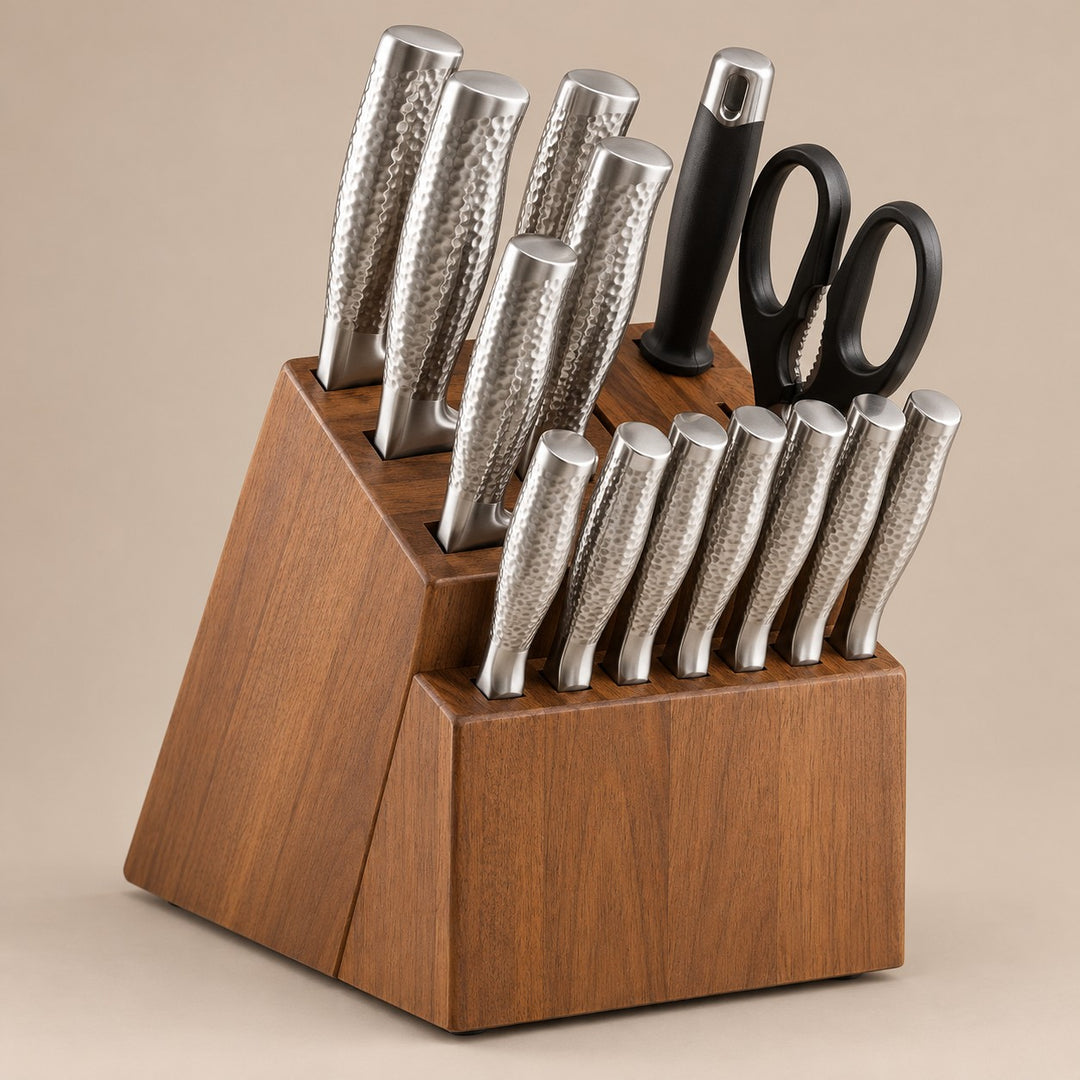 14-piece knife block set with brown wood block, stainless steel knives, sharpener and scissors on taupe.