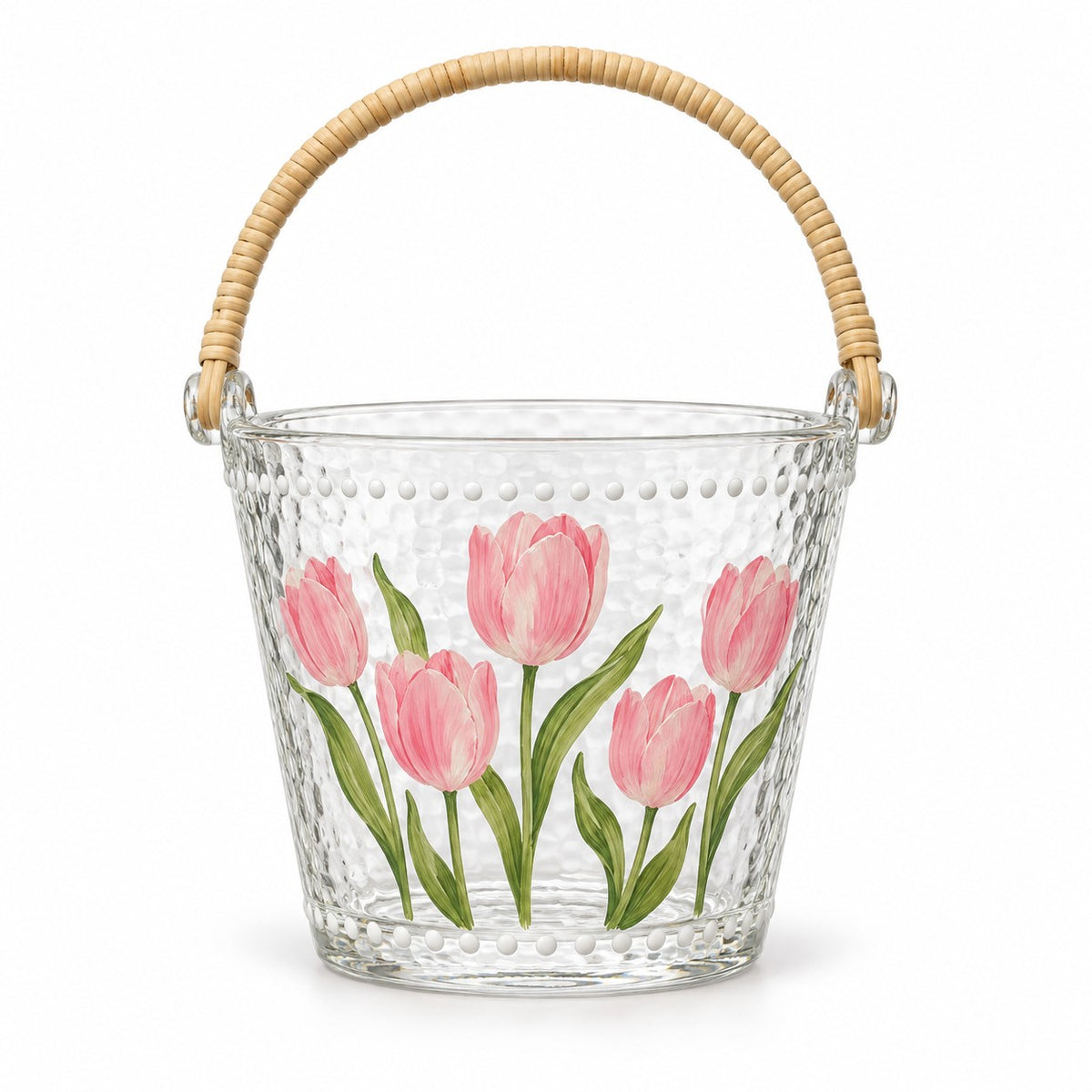 Single tulip glass ice bucket with its attached rattan-woven handle on white.