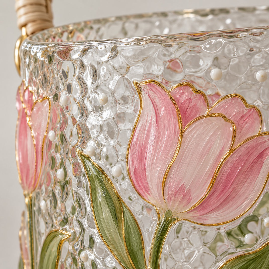 Close detail of hammered glass, raised white dots, and painted tulip on the bucket.