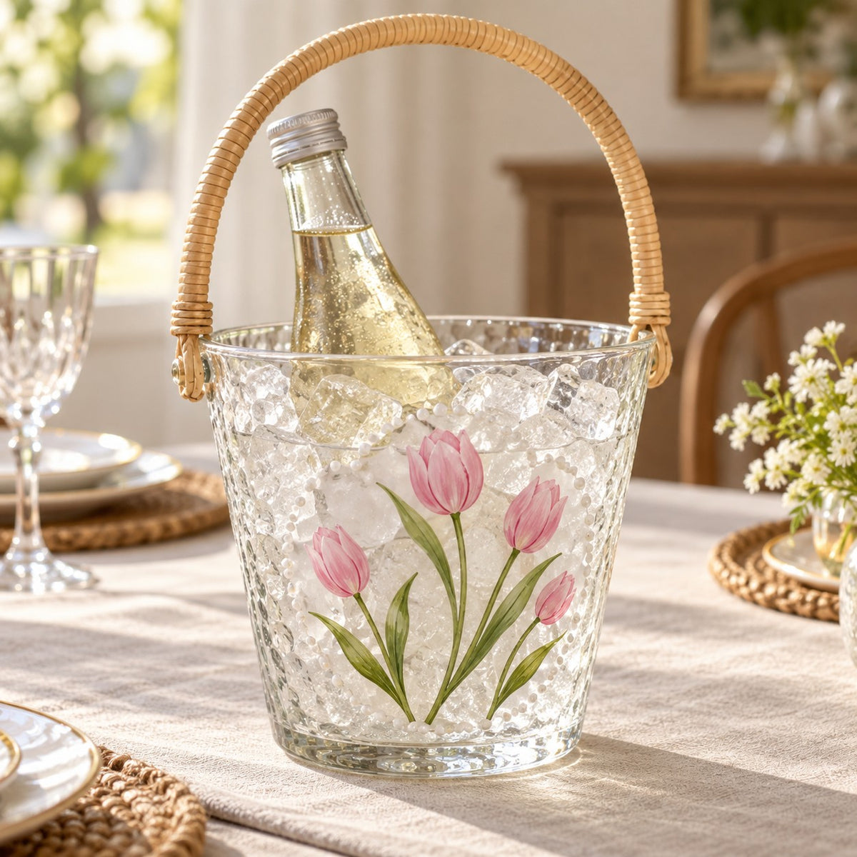 Floral hammered glass ice bucket keeps a bottle chilled with ice on a dining table.