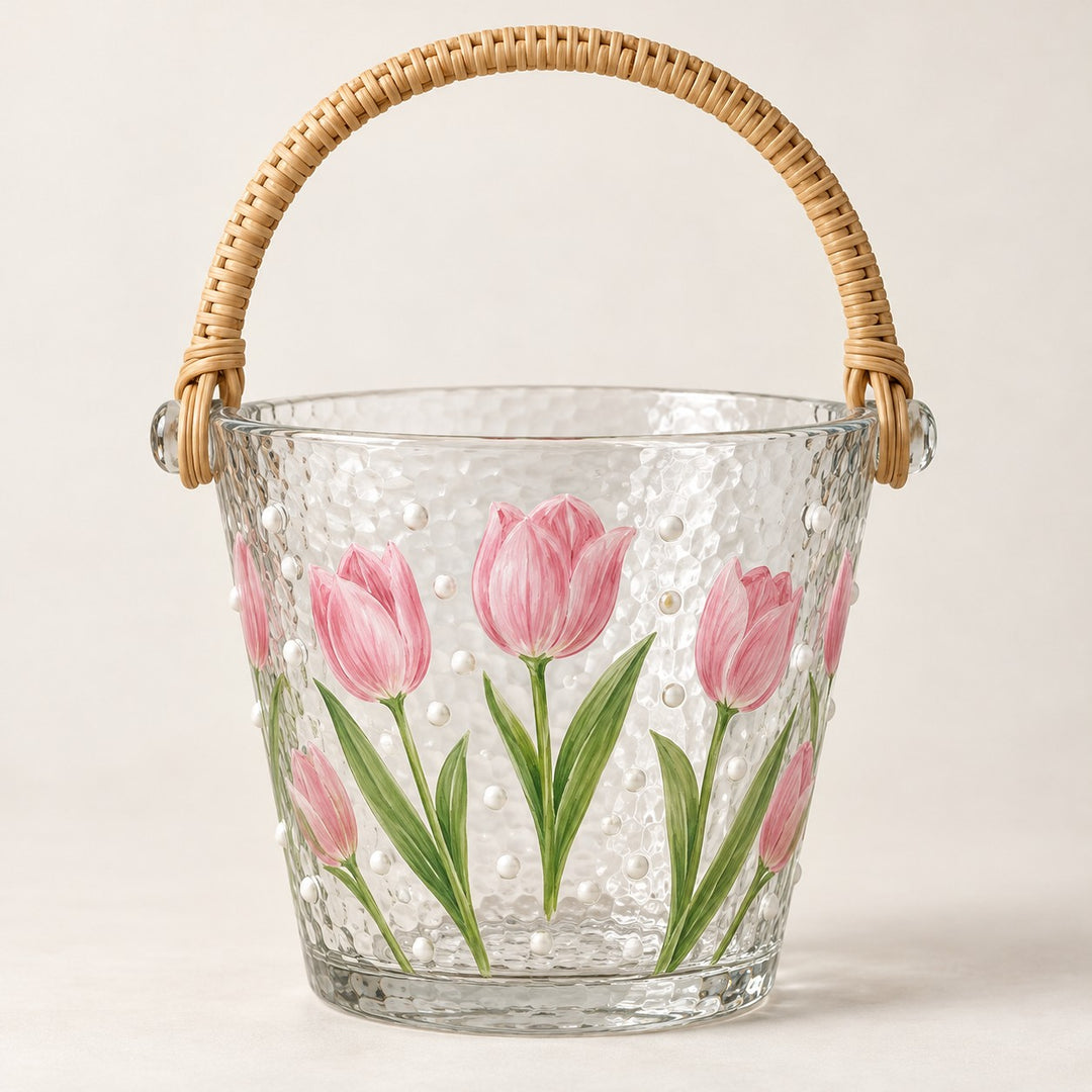 Tulip ice bucket highlights its textured glass, hand-painted flowers, and woven handle.