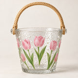 Tulip ice bucket highlights its textured glass, hand-painted flowers, and woven handle.