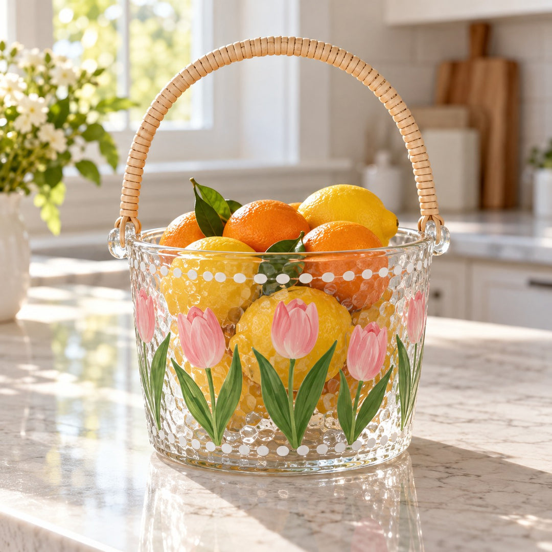 Tulip glass ice bucket holds fresh citrus as a decorative fruit basket on a kitchen island.