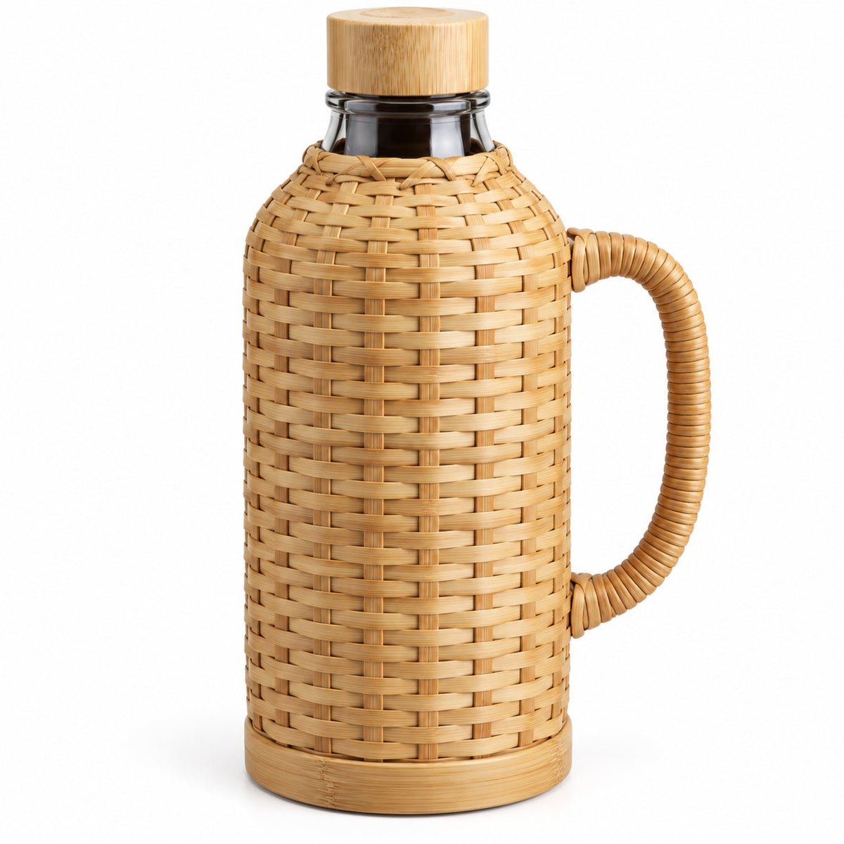 Bamboo Glass-Lined Thermos shown complete with its cork stopper and woven handle on white.