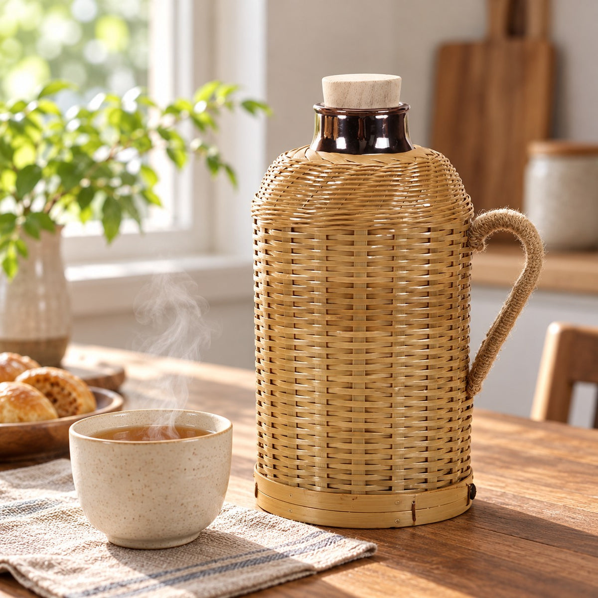 Bamboo Glass-Lined Thermos ready beside a tea cup on a sunlit breakfast table.