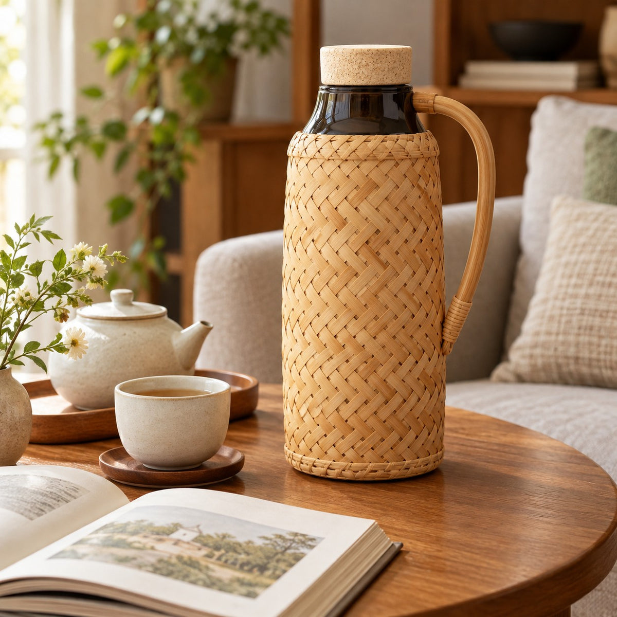 Bamboo Glass-Lined Thermos sits beside a cup and book, ready for an afternoon tea break.