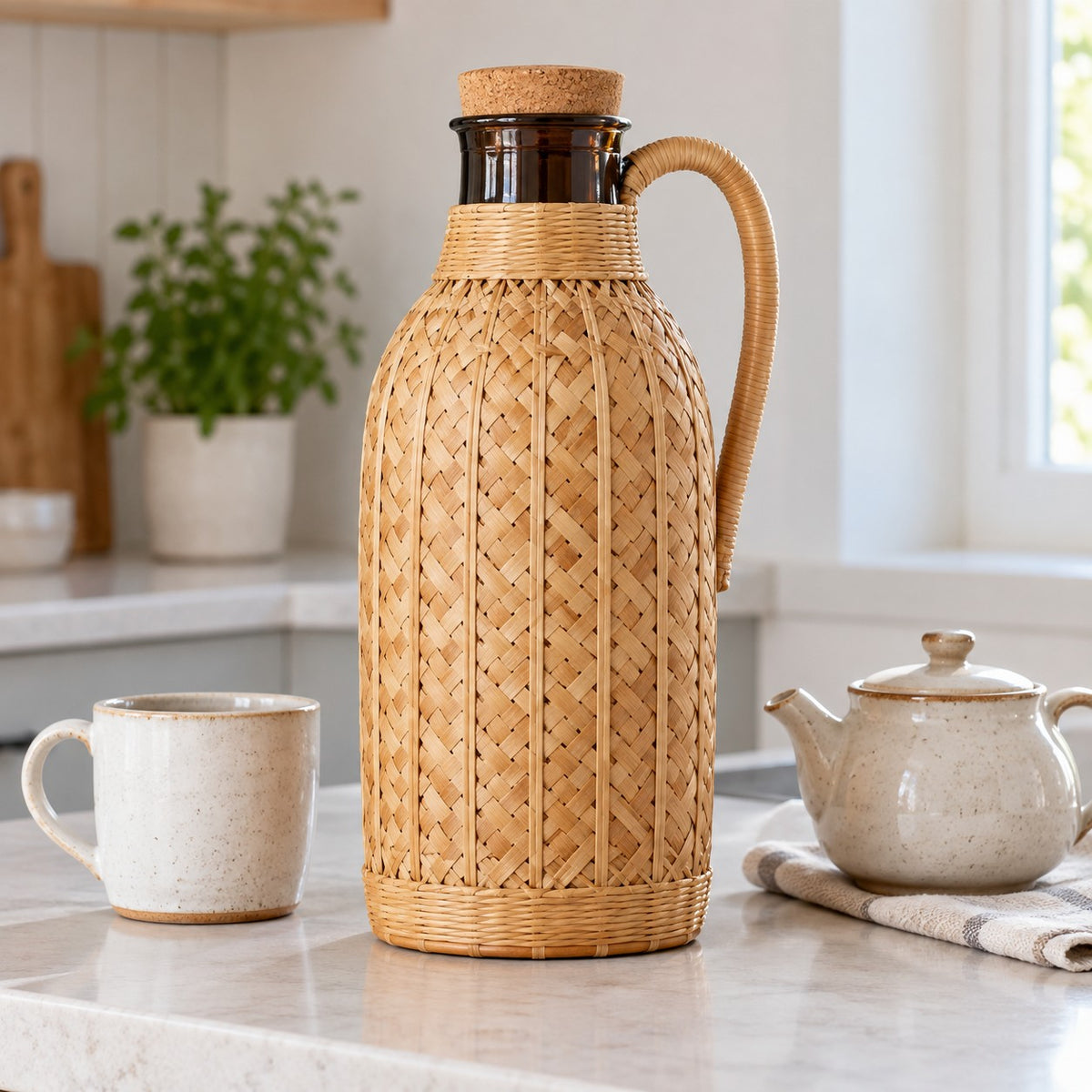 Bamboo Glass-Lined Thermos stands beside a mug and teapot to show its serving scale.