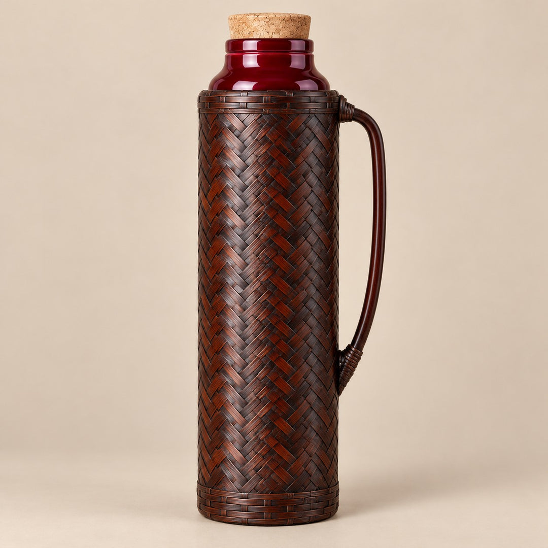 Brown Weave, Red Liner thermos displayed with its dark woven finish and curved handle.