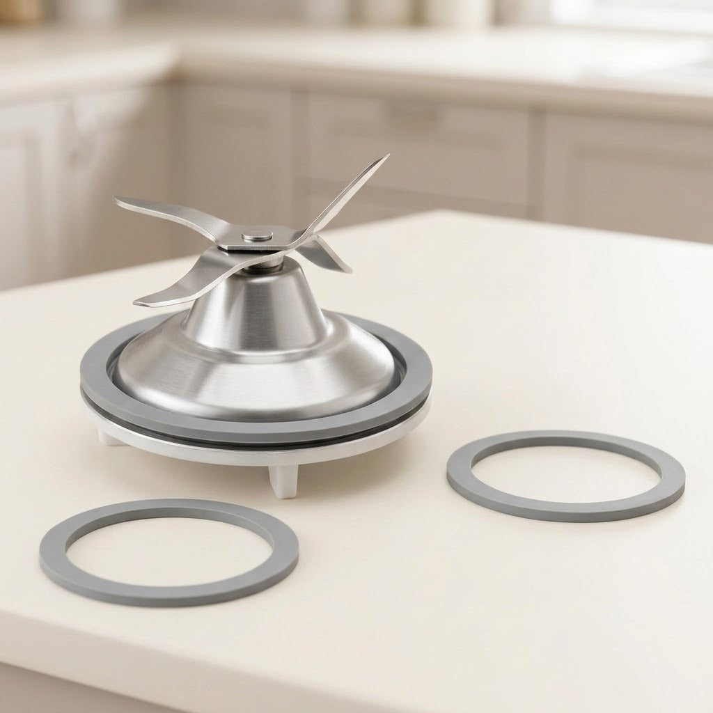 A stainless steel blender blade assembly with a gray rubber seal and two matching gray rings, displayed on a light beige countertop with a blurred kitchen background.