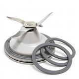 A stainless steel blender blade assembly with a three-blade impeller and three dark gray rubber seals, shown on a clean white background.