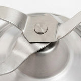 Close-up of a brushed stainless steel kitchen utensil or container lid component with a central hexagonal fastener and curved metal arms on a white background.