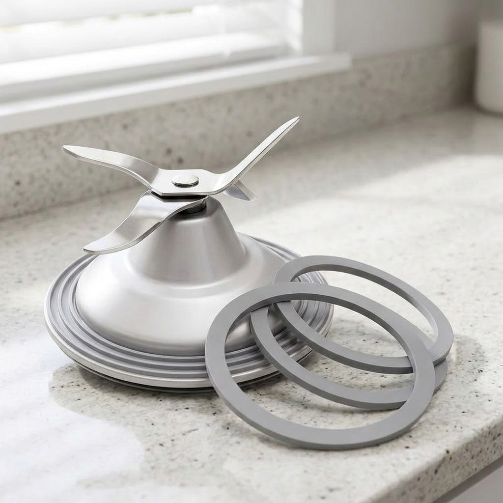 A stainless steel blender blade assembly with a four-blade impeller resting on a circular base, shown on a speckled kitchen countertop with two gray rubber seals in front.