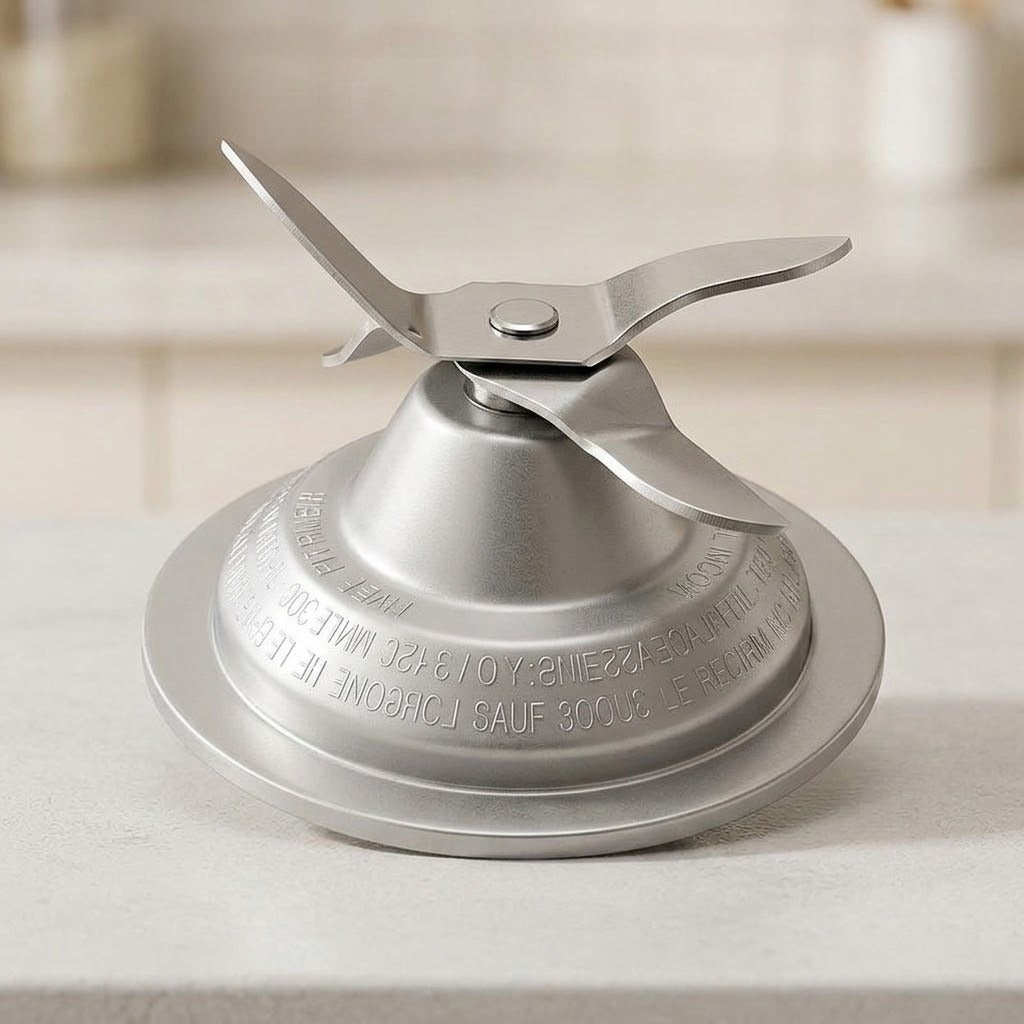 A stainless steel blender blade assembly with a four-blade impeller mounted on a circular metal base, shown on a light countertop with a softly blurred kitchen background.