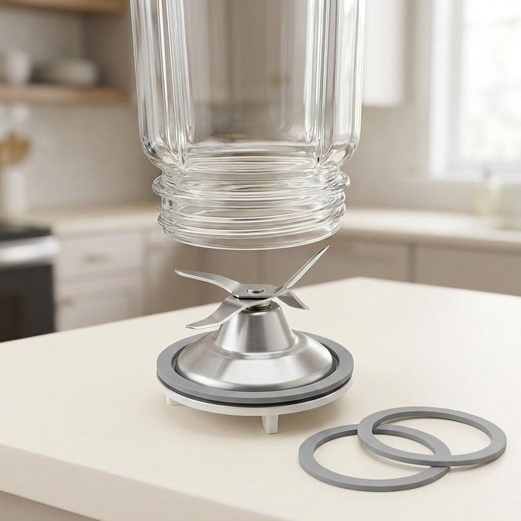 A clear glass jar with a metal blade assembly and gray rubber rings, shown on a light countertop in a softly blurred kitchen setting.