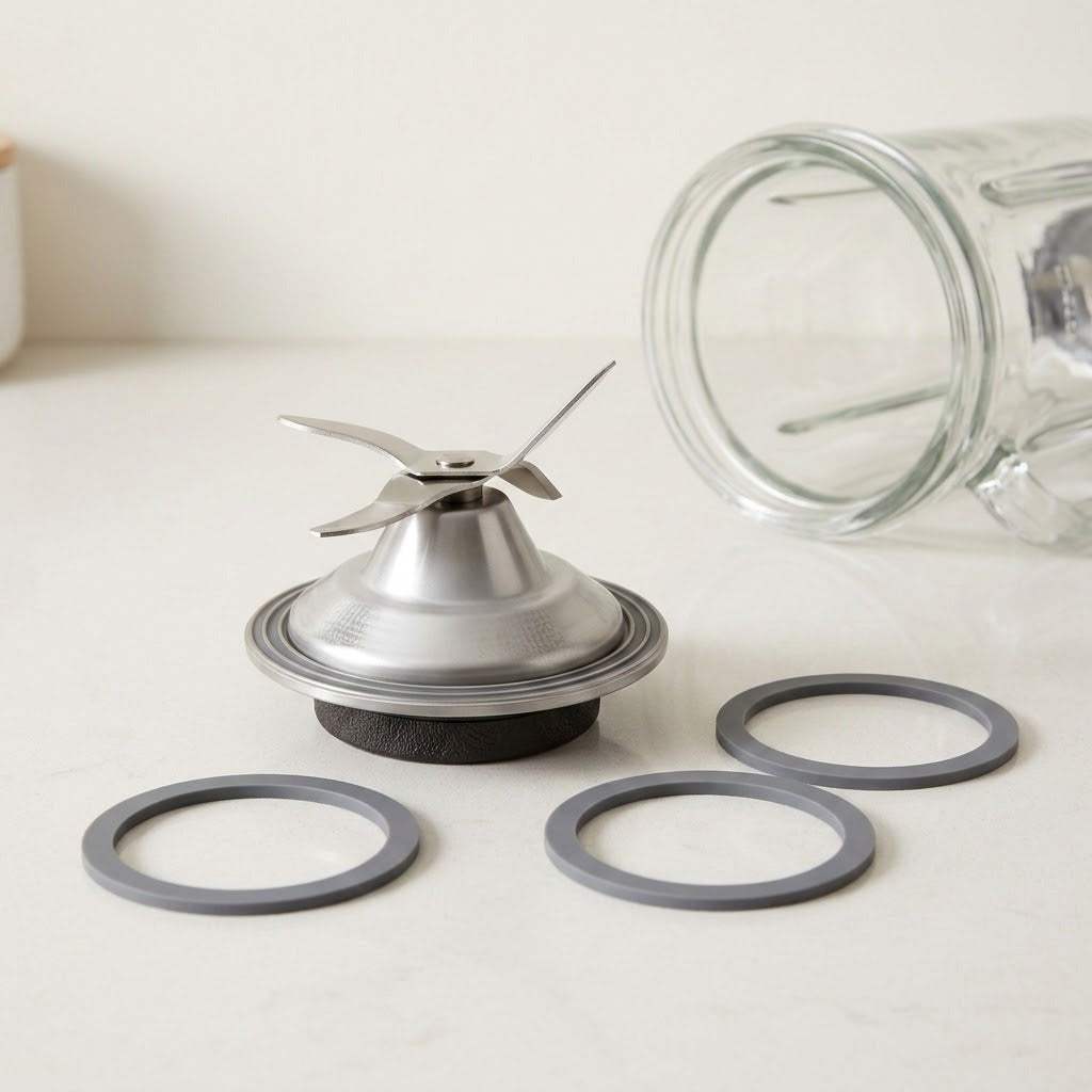 A stainless steel blender blade assembly with a clear glass jar lid lying on its side and three gray rubber seals on a light beige surface.