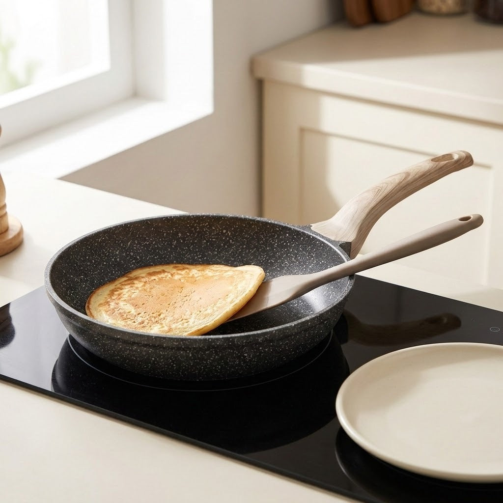 A dark speckled non-stick frying pan with a light wood handle sits on a black induction cooktop in a bright kitchen. A pancake is cooking in the pan, and a matching light wood spatula rests inside the pan.