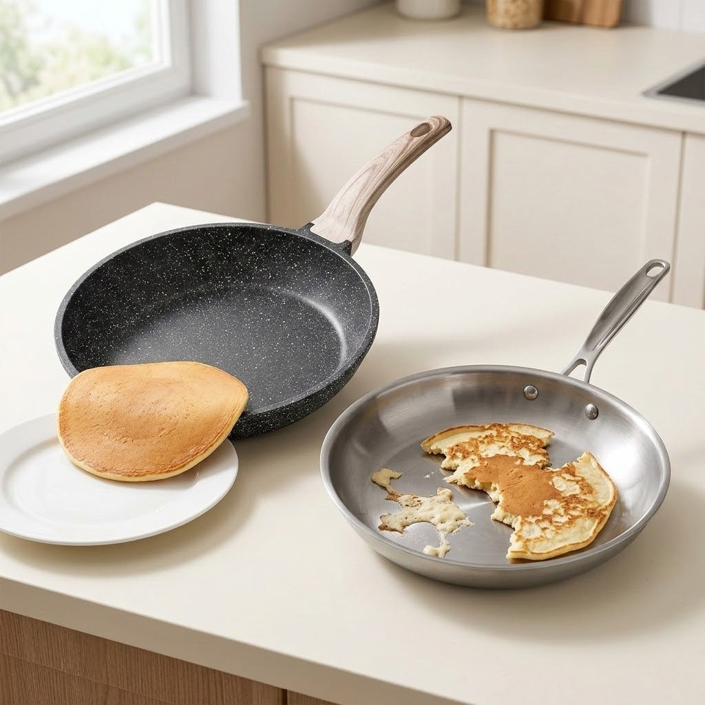 Two frying pans on a kitchen counter, one dark gray speckled pan with a wooden handle holding a pancake on a plate, and one stainless steel pan with a broken pancake inside.