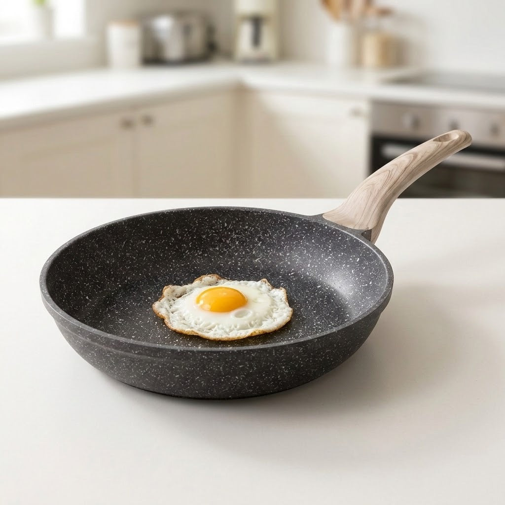 A dark gray speckled non-stick frying pan with a light wood handle sits on a white kitchen counter, containing a fried egg.