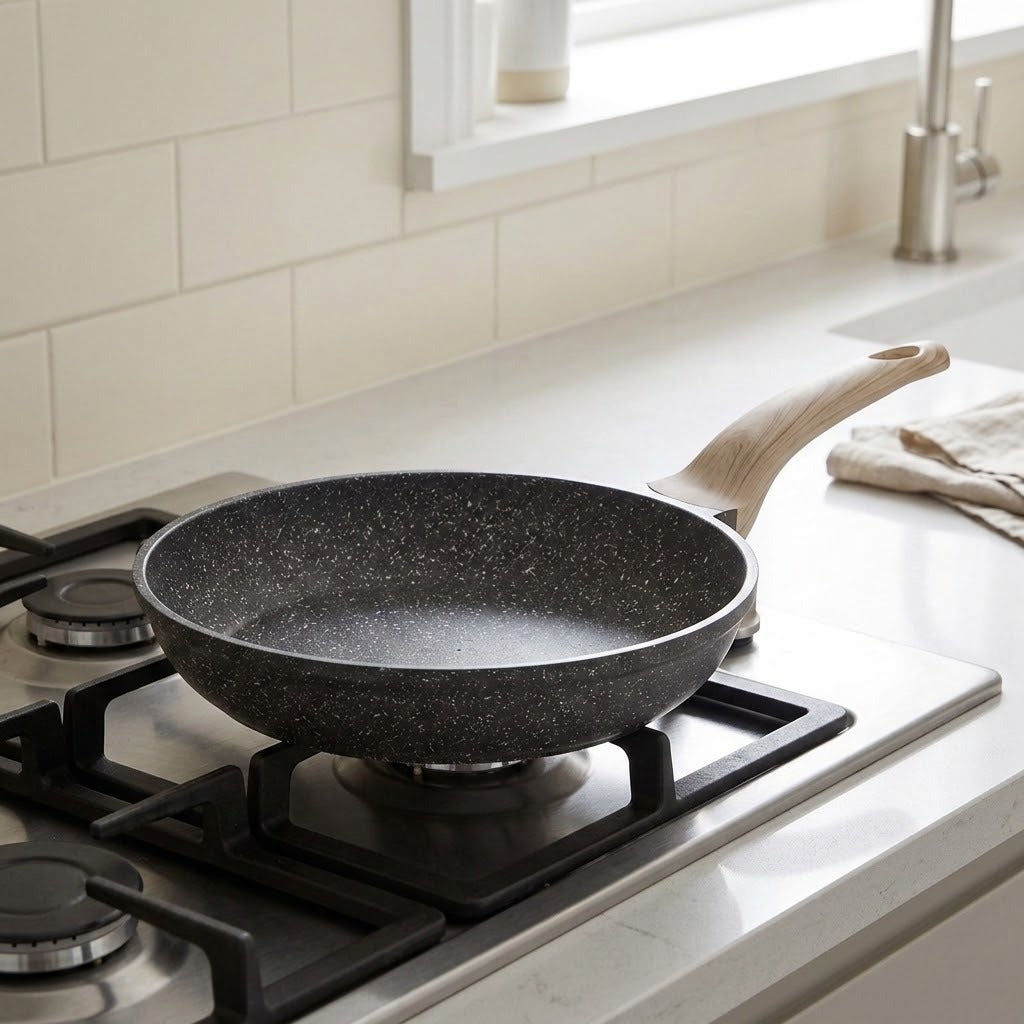 A dark gray speckled non-stick frying pan with a light wood handle, sitting on a gas stovetop in a bright, modern kitchen.