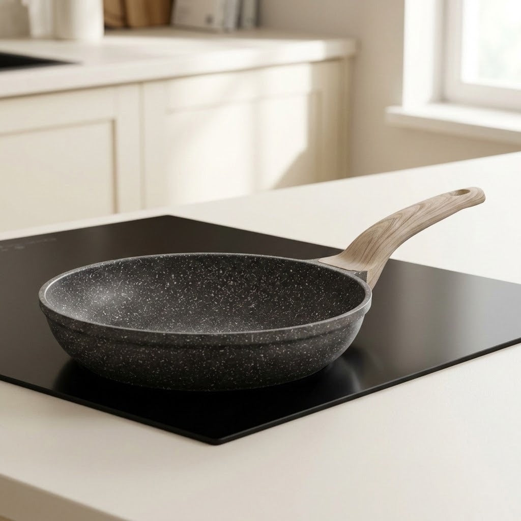 A dark gray speckled non-stick frying pan with a light wood handle, resting on a black induction cooktop in a bright, modern kitchen.