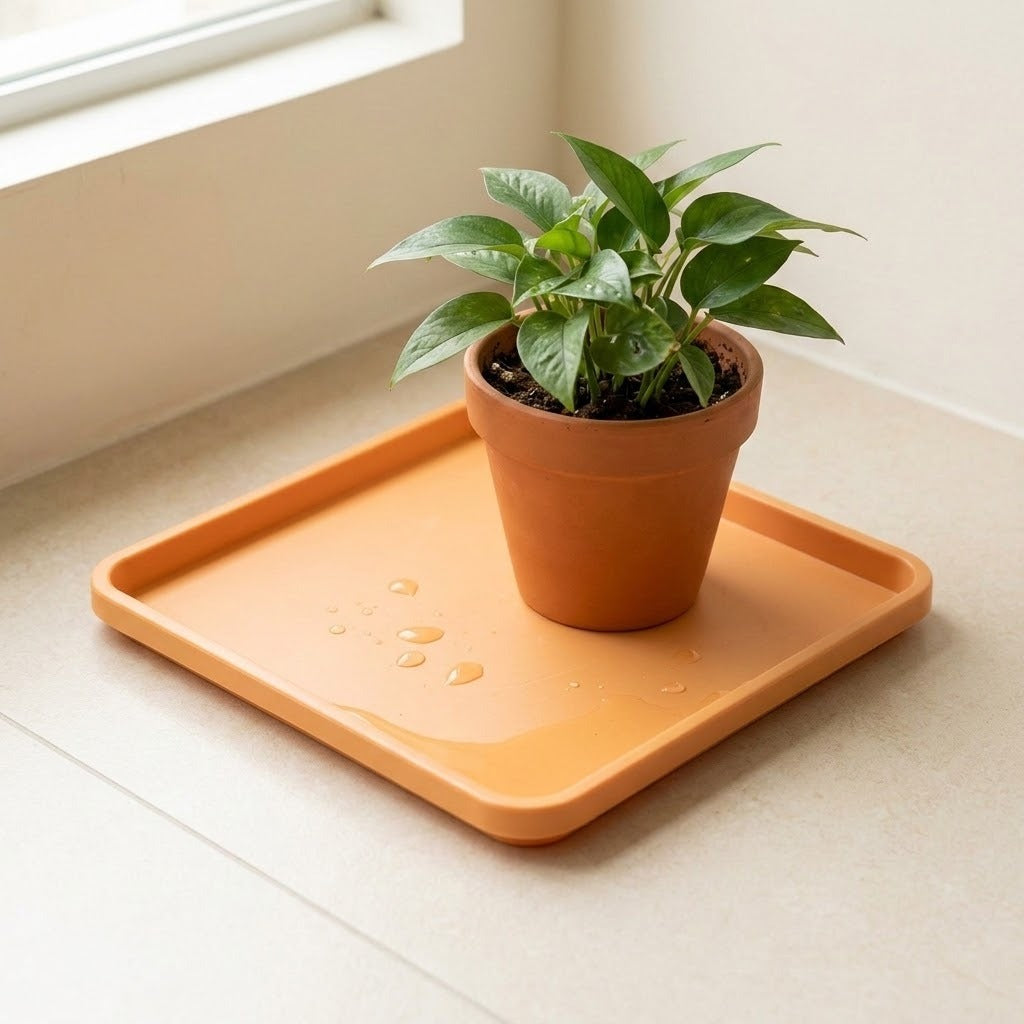 An orange square plastic tray with a small potted green plant on top, placed on a light beige floor near a window.