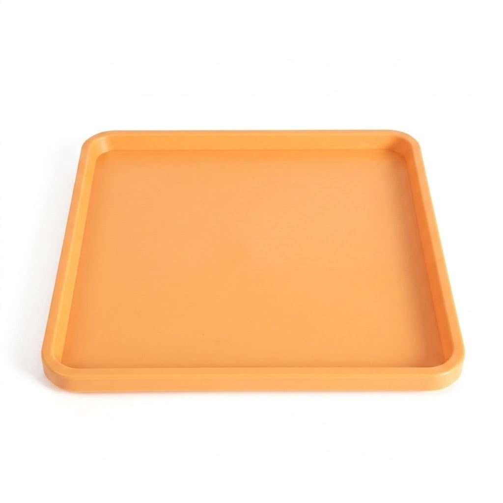 An orange square tray with rounded corners and raised rim, shown from a top-down perspective on a white background.