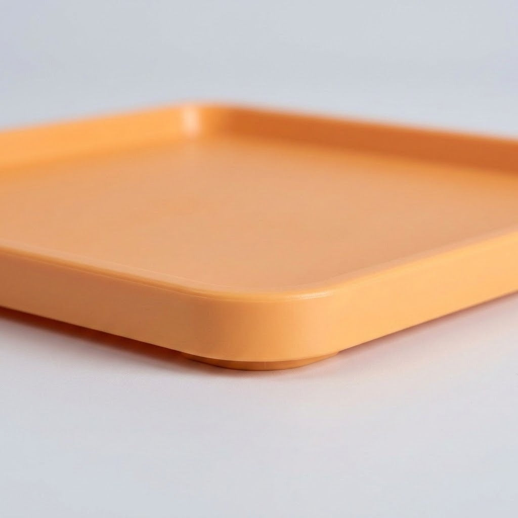 A close-up of a square orange tray with rounded corners, showing its smooth matte plastic surface and raised rim on a light gray background.