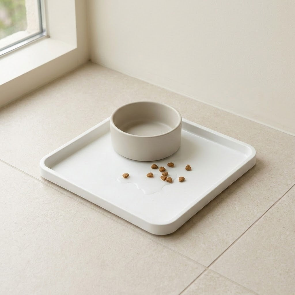 A minimalist white rectangular tray with a matching round bowl, placed on a light beige tiled floor near a window. A few brown kibble pieces are scattered on the tray.
