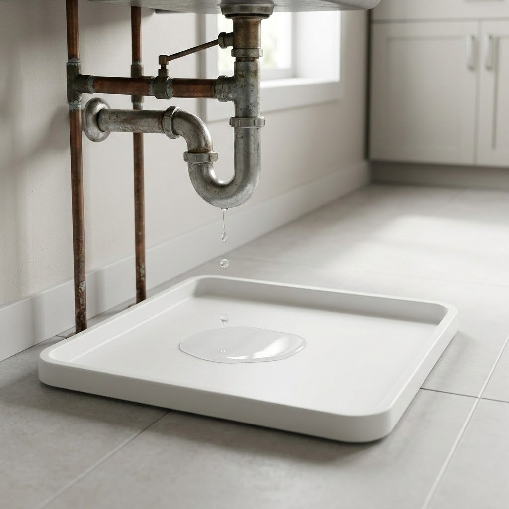 A white rectangular sink tray or drain basin placed on a tiled floor beneath exposed copper and galvanized metal plumbing pipes, with a single water droplet dripping into the center.