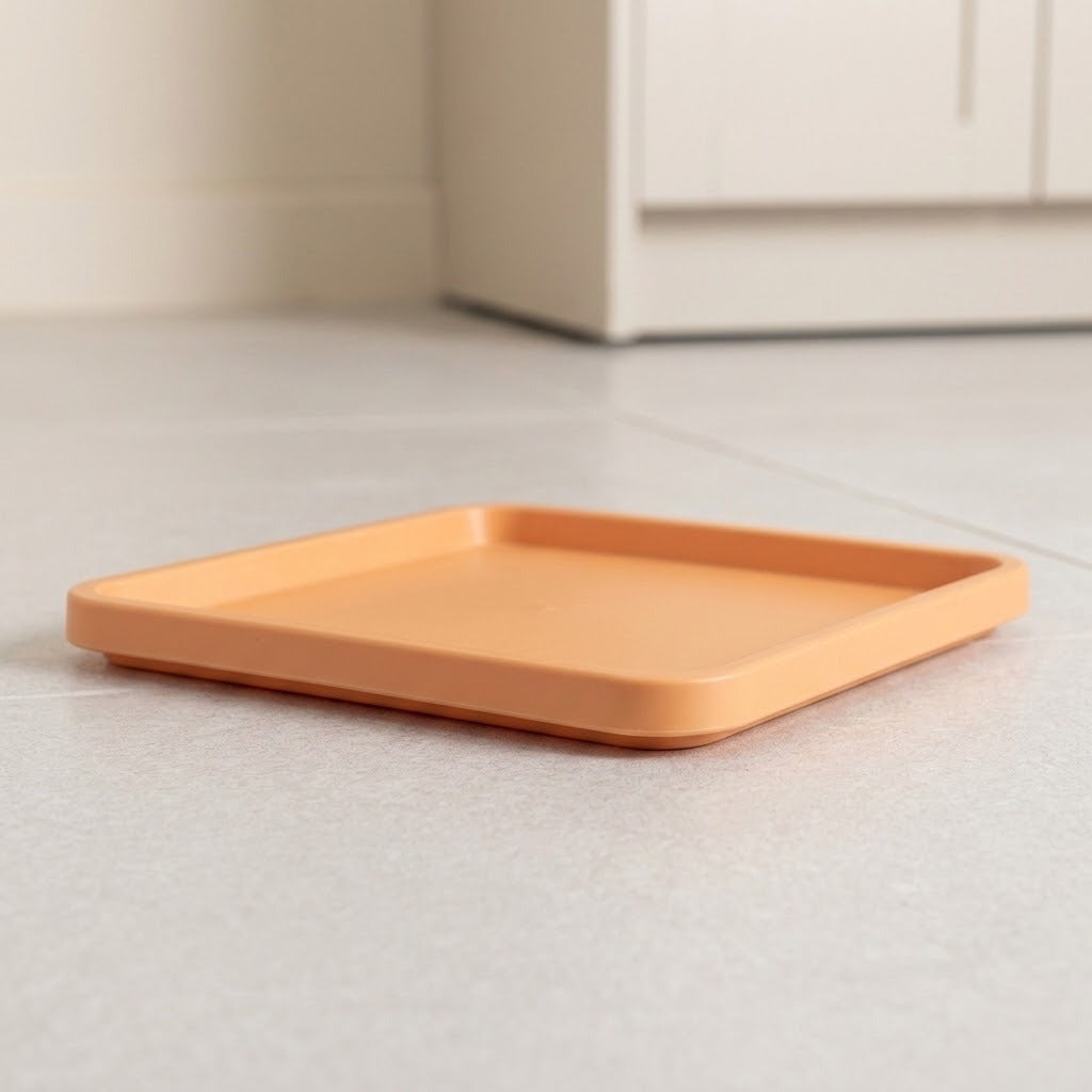 A square, shallow orange tray with raised edges, shown on a light gray floor with a blurred white cabinet in the background.