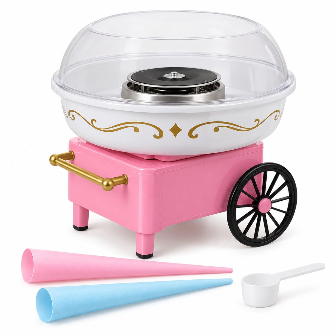 Pink cotton candy maker set with two reusable cones and one white sugar scoop on a white background.