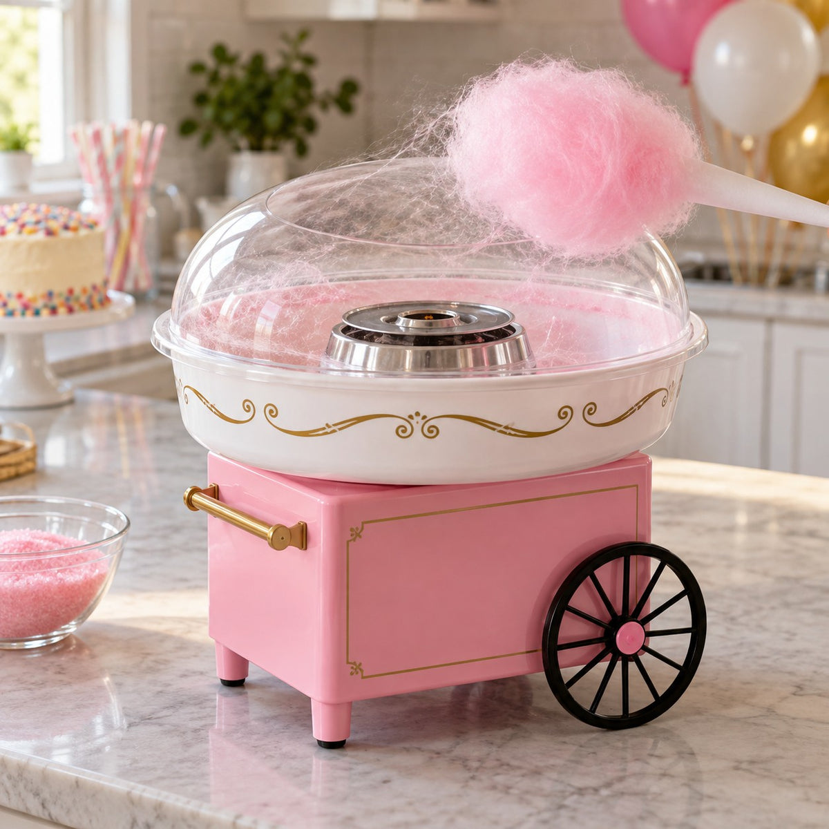 Pink cotton candy maker spins a fresh party treat on a kitchen counter with balloons in the background.