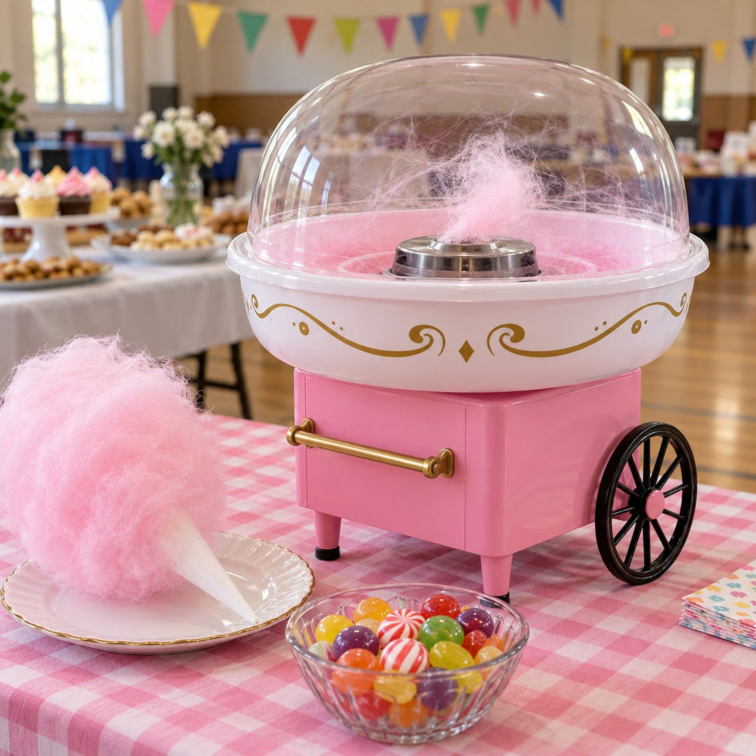 Pink cotton candy maker beside hard candies and a finished cone at a festive fundraising table.