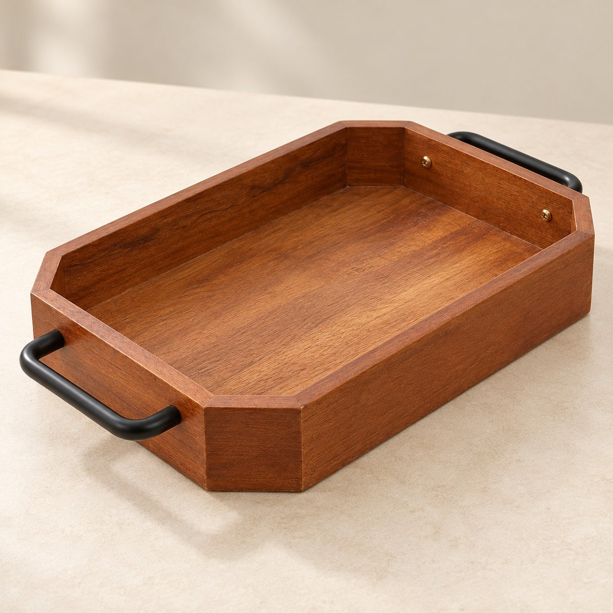 Coffee-brown wooden serving tray shows its raised sides and easy-carry black iron handles.