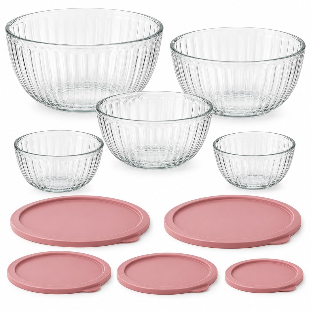 Glass mixing bowl set includes five fluted bowls and five matching rose lids on white.