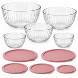 Glass mixing bowl set includes five fluted bowls and five matching rose lids on white.
