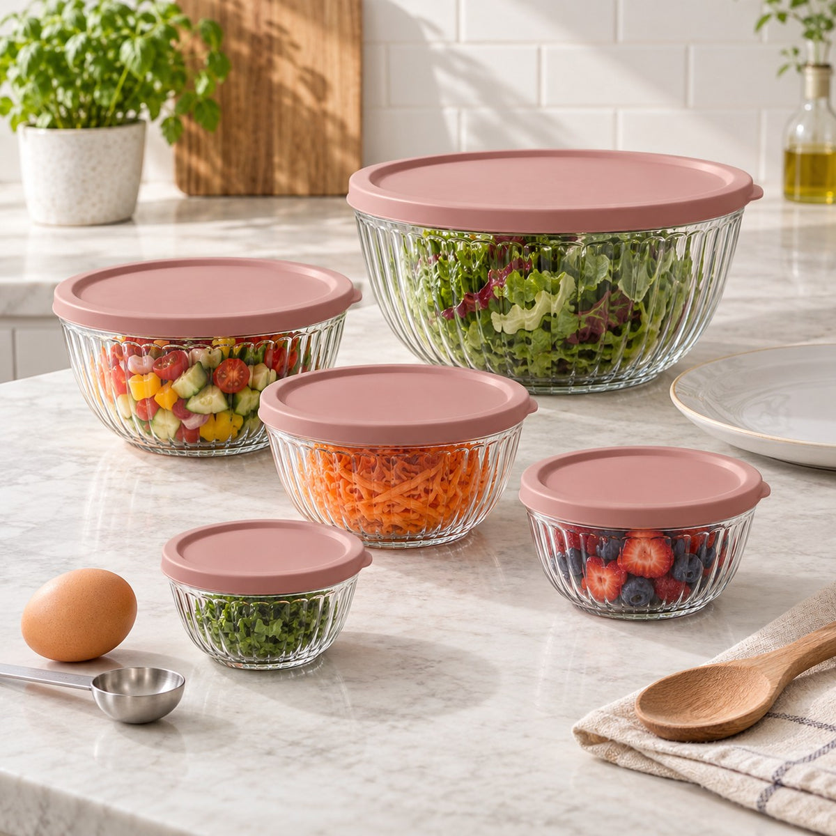 Five glass mixing bowl sizes are shown beside an egg, spoon, and dinner plate for scale.