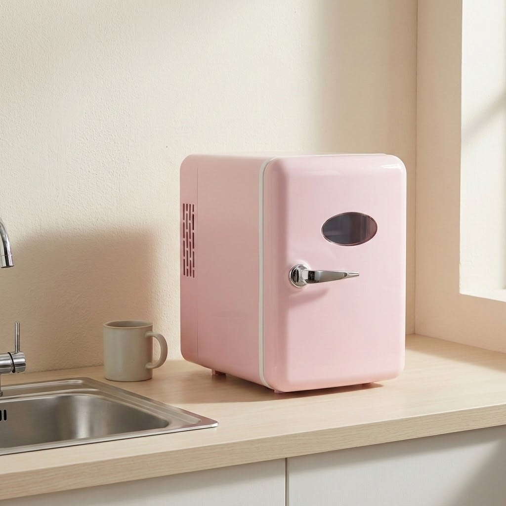 A retro-style pink mini refrigerator with a silver handle sits on a light wood kitchen counter next to a sink and a gray mug.