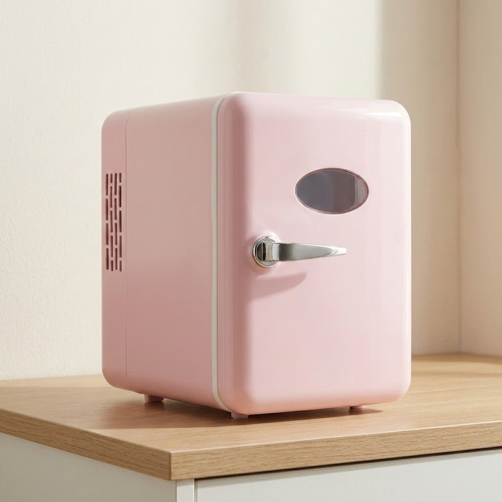 A retro-style pink mini refrigerator with a silver handle and oval window, sitting on a light wood surface against a cream-colored wall.