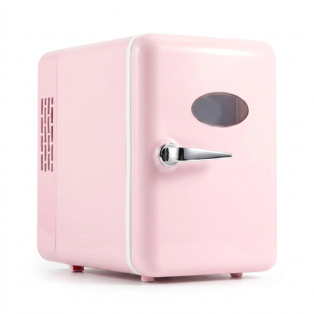 A retro-style pink mini refrigerator with a chrome handle and oval window, shown on a clean white background.