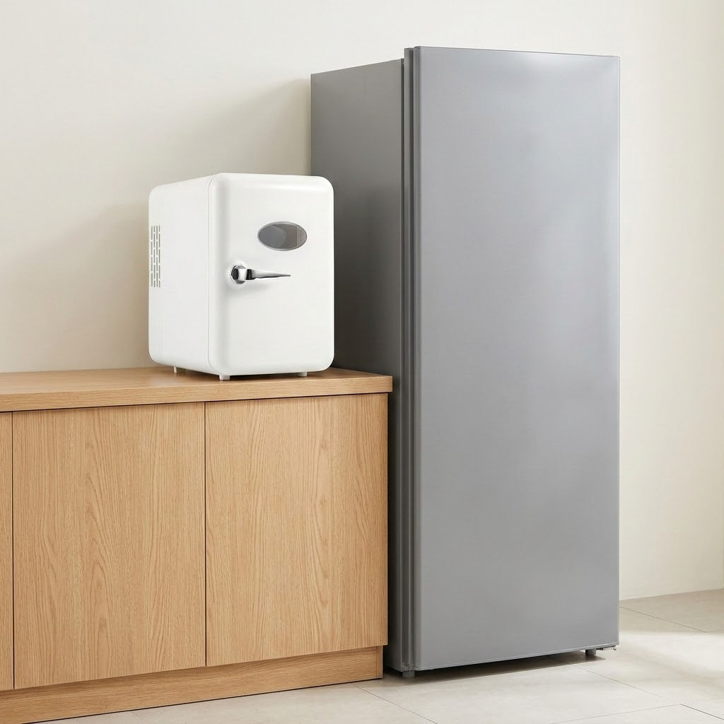 A white retro-style mini refrigerator with a silver handle sits on a light wood cabinet next to a tall gray refrigerator in a clean indoor setting.