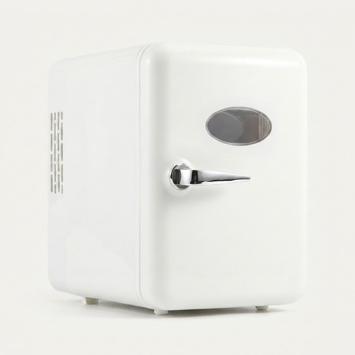 A white retro-style mini refrigerator with a silver handle and oval window, shown on a clean white background.