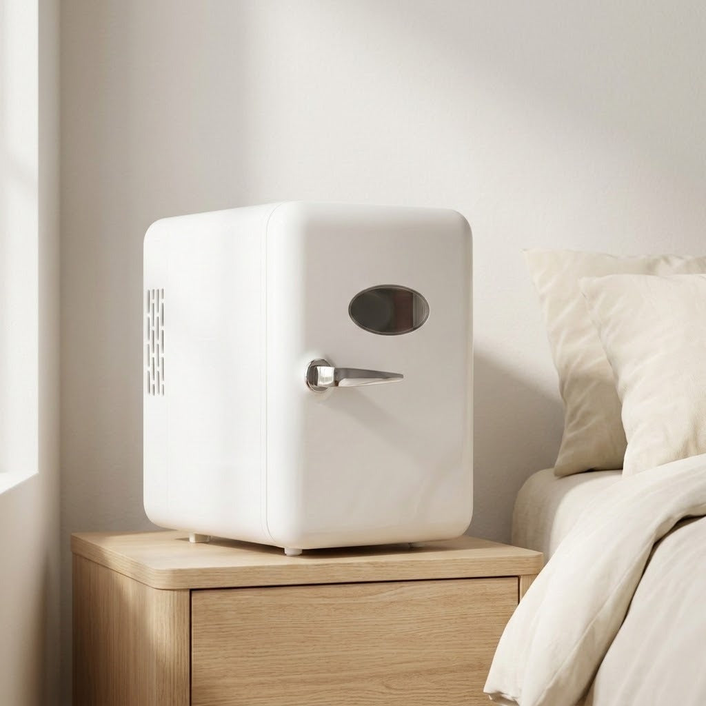 A small white mini refrigerator with a silver handle sits on a light wood nightstand next to a bed with cream bedding.