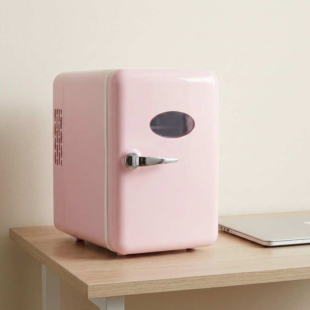 A retro-style pink mini refrigerator with a silver handle and oval window, sitting on a light wood desk next to a closed silver laptop against a beige wall.